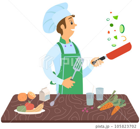 Chef stands with spatula and frying pan in hand. Man prepares dish, fries ingredients of meal Chef stands with spatula and frying pan in hand. Man prepares dish, fries ingredients of meal 105823702