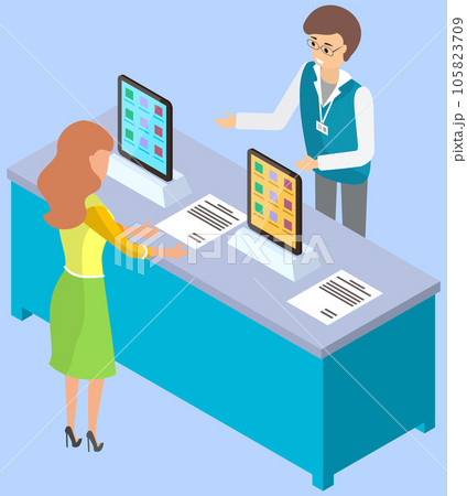 Male marketer advertises presentation of new technologies. Lady at exhibition of new product Male marketer advertises presentation of new technologies. Lady at exhibition of new product 105823709