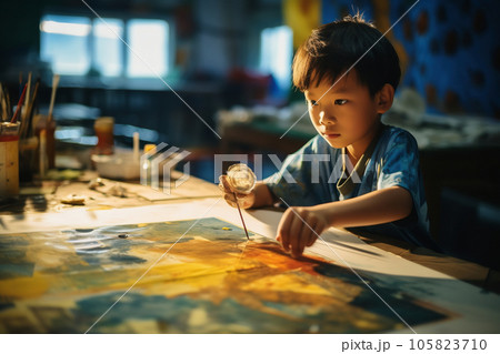 夏休みの宿題で絵を描く小学生 夏休みの宿題で絵を描く小学生 105823710