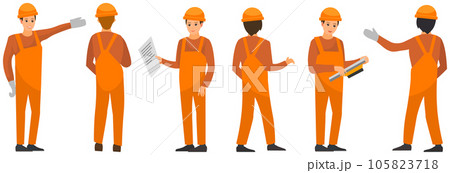 Engineer, production worker in working suit. Technician, electrician, builder works in uniform 105823718