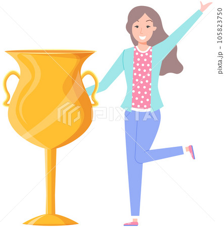 Woman wins award, victory in competition. Lady holds gold prize, trophy as symbol of achievement Woman wins award, victory in competition. Lady holds gold prize, trophy as symbol of achievement 105823750
