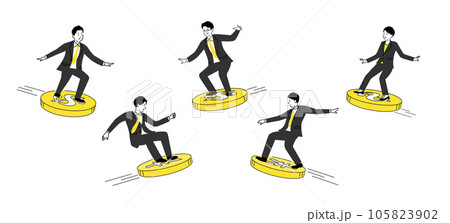 ドルと円のコインに乗るビジネスパーソンのイラスト、ベクター 105823902