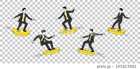 Illustration of a business person riding dollar and yen coins, vector Illustration of a business person riding dollar and yen coins, vector 105823902