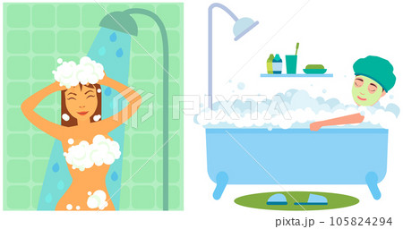 Lady sits in hot tub, takes bath, makes face mask. Woman showering, cleaning her body and hair 105824294