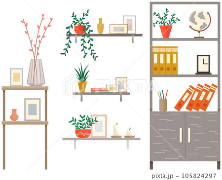 Wooden cabinets and racks with interior decoration. Books, potted plants, documents on shelves 105824297