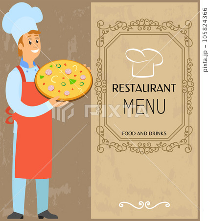 Menu template, dish card for pizzeria. Pizzaiolo, pizza maker serving meal, dish of italian cuisine 105824366