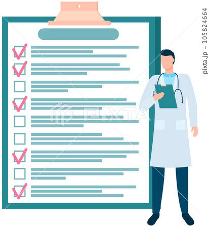 Doctor standing near big checklist with check marks. Male therapist plans work schedule, to do list Doctor standing near big checklist with check marks. Male therapist plans work schedule, to do list 105824664