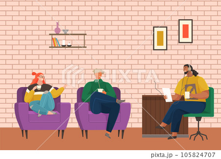 People communicate during podcast. Live communication at interview. Recording audio podcast People communicate during podcast. Live communication at interview. Recording audio podcast 105824707