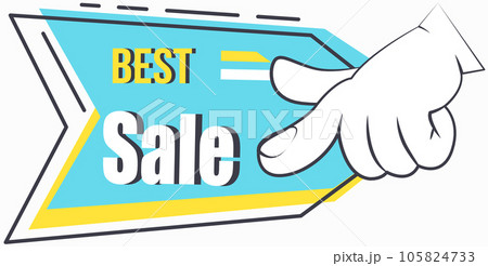 Big sale banner. Sale and discounts. Big discount with human hand pointing to advertising phrase 105824733