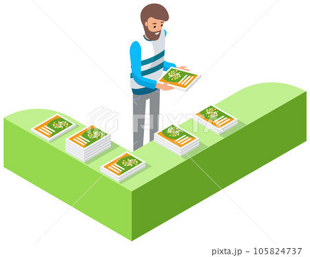 Man stands near advertising platform with books. Male character reading product catalog, magazine Man stands near advertising platform with books. Male character reading product catalog, magazine 105824737