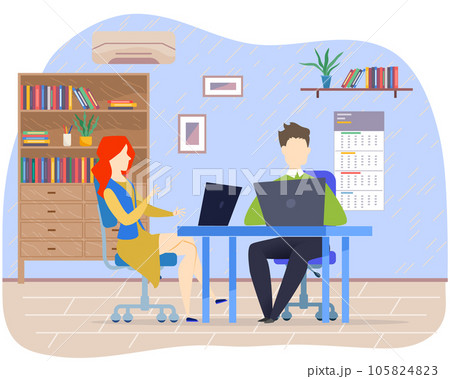 People work together in office. Businessman and businesswoman sitting with laptops, surfing internet 105824823