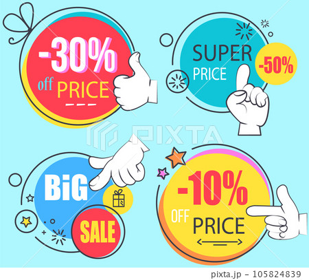 Big sale banner. Sale and discounts. Big discount with human hand pointing to advertising phrase Big sale banner. Sale and discounts. Big discount with human hand pointing to advertising phrase 105824839
