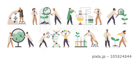 Chemists study cells, plant structure. Biochemical laboratory staff performing various experiments Chemists study cells, plant structure. Biochemical laboratory staff performing various experiments 105824844