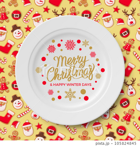 Merry Christmas ornament decoration on plate. Festive greeting dish with snowflakes template Merry Christmas ornament decoration on plate. Festive greeting dish with snowflakes template 105824845