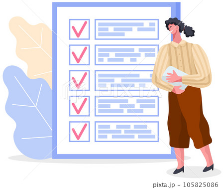 Woman stands near to do list and planning schedule. Plan fulfilled, task completed, timetable sheet 105825086
