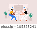 Business partners talking to each other, discussing in office, man, woman business meeting, colleagues, negotiation, office scene, flat vector illustration  105825241
