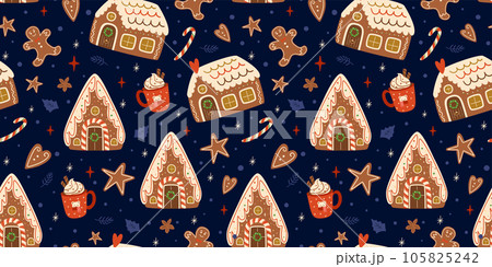 Christmas gingerbread houses seamless patterns on dark blue repeat background. Cute gingerbread cookies. Vector winter print Christmas gingerbread houses seamless patterns on dark blue repeat background. Cute gingerbread cookies. Vector winter print 105825242