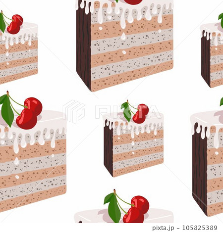 Seamless pattern with pieces of cakes with cherry. Hand drawn vector illustration. 105825389