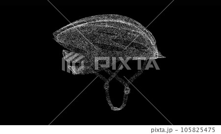 3D bicycle helmet on black bg. Object dissolved white flickering particles. Business advertising backdrop. Science concept. For title, text, presentation. 3D animation 105825475