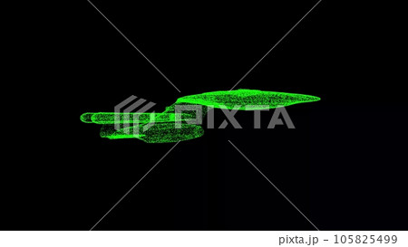 3D spaceship on black bg. Object dissolved green flickering particles. Business advertising backdrop. Science concept. For title, text, presentation. 3D animation 3D spaceship on black bg. Object dissolved green flickering particles. Business advertising backdrop. Science concept. For title, text, presentation. 3D animation 105825499