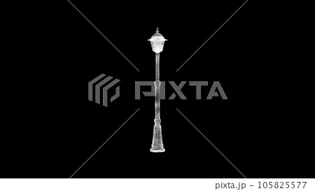 3D old street lamp on black bg. Object dissolved white flickering particles. Business backdrop. Science concept. Abstract bg title, presentation. Holographic screensaver. 3D animation 105825577