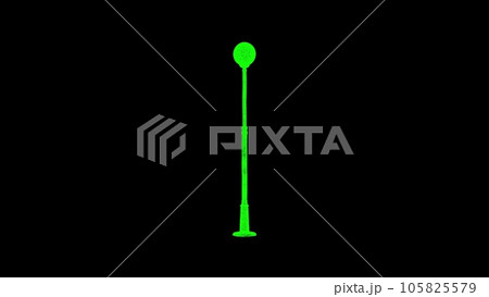 3D street lamp on black bg. Object dissolved green flickering particles. Business backdrop. Science concept. Abstract bg title, presentation. Holographic screensaver. 3D animation 105825579