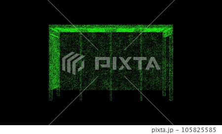 3D bus stop on black bg. Object dissolved green flickering particles. Business backdrop. Science concept. Abstract bg title, presentation. Holographic screensaver. 3D animation 105825585