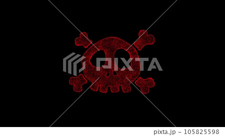 3D poison skull bones on black bg. Object dissolved red flickering particles. Business backdrop. Science concept. Abstract bg title, presentation. Holographic screensaver. 3D animation 105825598