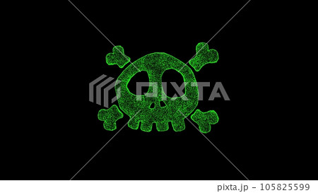 3D poison skull bones on black bg. Object dissolved green flickering particles. Business backdrop. Science concept. Abstract bg title, presentation. Holographic screensaver. 3D animation 105825599