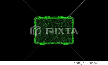 3D business case on black bg. Object dissolved green flickering particles. Business backdrop. Science concept. Abstract bg title, presentation. Holographic screensaver. 3D animation 3D business case on black bg. Object dissolved green flickering particles. Business backdrop. Science concept. Abstract bg title, presentation. Holographic screensaver. 3D animation 105825608
