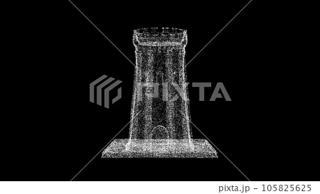 3D medieval tower on black bg. Object dissolved white flickering particles. Business backdrop. Science concept. Abstract bg title, presentation. Holographic screensaver. 3D animation 3D medieval tower on black bg. Object dissolved white flickering particles. Business backdrop. Science concept. Abstract bg title, presentation. Holographic screensaver. 3D animation 105825625