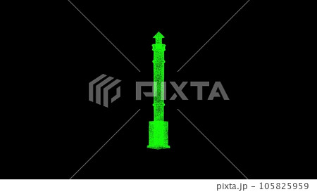 3D sea lighthouse on black background. Object dissolved green flickering particles. Science concept. Abstract bg for title, presentation. Holographic screensaver. 3D animation 3D sea lighthouse on black background. Object dissolved green flickering particles. Science concept. Abstract bg for title, presentation. Holographic screensaver. 3D animation 105825959