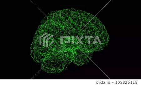 3D brain on black bg. Object dissolved flickering particles. Scientific medical concept. For title, text, presentation. 3d animation. 3D brain on black bg. Object dissolved flickering particles. Scientific medical concept. For title, text, presentation. 3d animation. 105826118