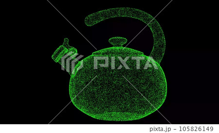 3D kettle on black background. Object made of shimmering particles. Kitchenware concept. For title, text, presentation. 3d animation. 105826149
