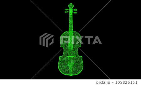 3D violin on black background. Object made of shimmering particles. Music instrument concept. For title, text, presentation. 3d animation. 3D violin on black background. Object made of shimmering particles. Music instrument concept. For title, text, presentation. 3d animation. 105826151