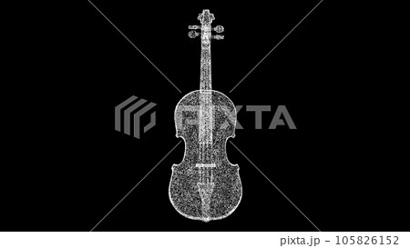3D violin on black background. Object made of shimmering particles. Music instrument concept. For title, text, presentation. 3d animation. 3D violin on black background. Object made of shimmering particles. Music instrument concept. For title, text, presentation. 3d animation. 105826152