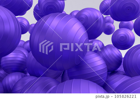 Many of flying violet fitness ball or fitball falling on white background Many of flying violet fitness ball or fitball falling on white background 105826221