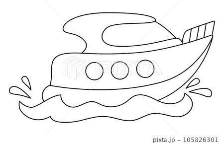 Vector black and white speedboat with waves and splashes. Water transport line icon. Funny nautical transportation boat clipart for kids. Cute marine vehicle icon or coloring page for children 105826301