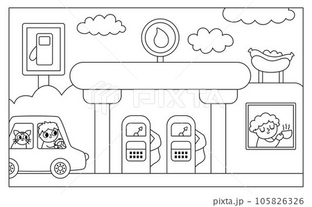 Vector black and white horizontal scene with boy driving a car with cat arriving to gas station with cafe. Transportation line illustration or coloring page. Cute kid steering transport. Road 105826326