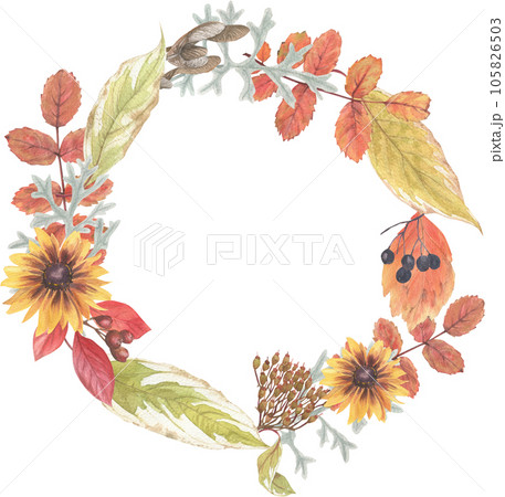 Bright round frame of plant elements. Autumn flowers berries and leaves watercolor in vintage style. Bright round frame of plant elements. Autumn flowers berries and leaves watercolor in vintage style. 105826503