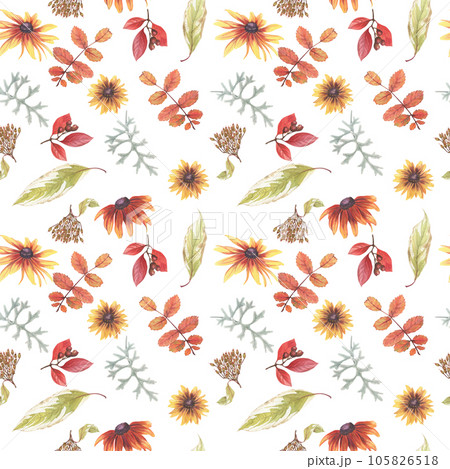 Seamless pattern of hand-drawn watercolor autumn leaves, flowers and berries. 105826518