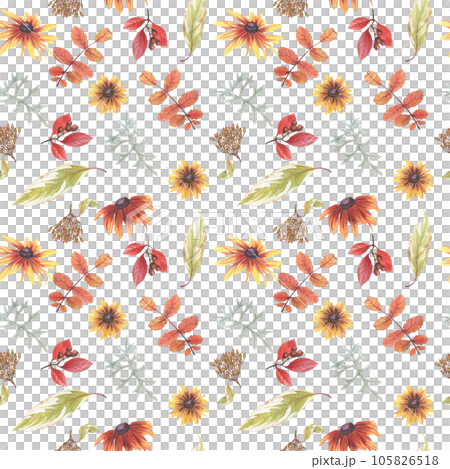 Seamless pattern of hand-drawn watercolor autumn leaves, flowers and berries. 105826518