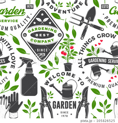 Gardening services seamless pattern or background. Vector illustration. Seamless pattern silhouette with gardening equipment hand secateurs, garden pruner, watering can, garden trowel, farming fork Gardening services seamless pattern or background. Vector illustration. Seamless pattern silhouette with gardening equipment hand secateurs, garden pruner, watering can, garden trowel, farming fork 105826525