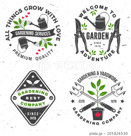Set of gardening and yard work services emblem, label, badge, logo. Vector illustration. For sign, patch, shirt design with hand secateurs, garden pruner, watering can, gardening equipment silhouette. Set of gardening and yard work services emblem, label, badge, logo. Vector illustration. For sign, patch, shirt design with hand secateurs, garden pruner, watering can, gardening equipment silhouette. 105826530