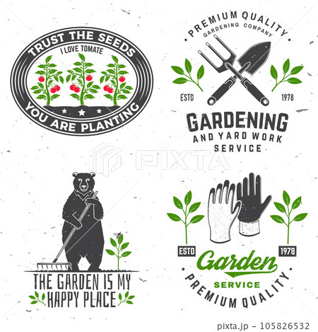 Set of gardening and yard work services emblem, label, badge, logo. Vector illustration. For sign, patch, shirt design with hand secateurs, garden pruner, watering can, bear with rake, gardening 105826532