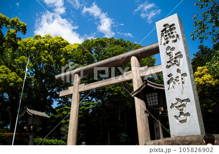 快晴の空にそびえる鹿島神宮の鳥居 105826902