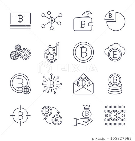 Set of line stroke vector bitcoin and cryptocurrency icons. Mining, coin, pickaxe, gold, money, exchange. Icons set for apps, programs, sites and other. Editable Stroke. Set of line stroke vector bitcoin and cryptocurrency icons. Mining, coin, pickaxe, gold, money, exchange. Icons set for apps, programs, sites and other. Editable Stroke. 105827965