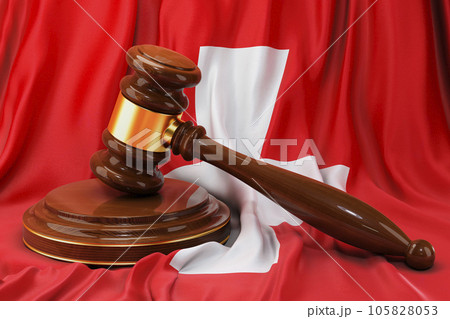Swiss law and justice concept. Wooden gavel on flag of Switzerland, 3D rendering 105828053