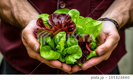 A man's hands holding lettuce - healthy lifestyle concept - Generative AI A man's hands holding lettuce - healthy lifestyle concept - Generative AI 105828660