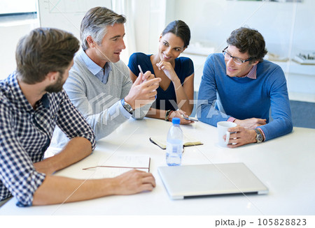 Planning, strategy and mentor with business people in meeting for idea, project management and teamwork. Review, collaboration and branding with employees in boardroom for brainstorming solution 105828823